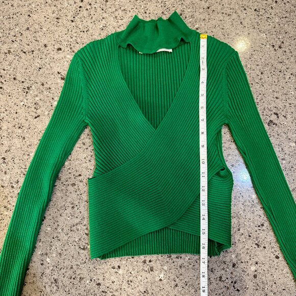 ZARA Green Ribbed Knit Cut-Out Mock Neck Sweater Crop Top Wrap Front Size S - Picture 5 of 8